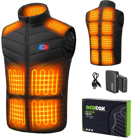 acetek Beheizbare Weste für Herren Damen, Beheizbare Jacke mit 20000mAh QC3.0 Powerbank, 15 Zonen Heizung 3 Temperaturregler, bis zu 11 Stunden Wärme, Weste für Jagd, Wandern, Golf, Skifahren - L