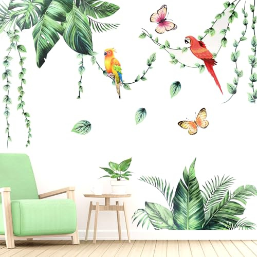 Maxmoc Wandtattoo Dschungel,Wandaufkleber mit Palmenblättern,Ranken,Vögeln | Selbstklebendes und wasserdichtes Pflanzen Wandtattoo für Kinderzimmer Wohnzimmer Flure Klassenzimmer