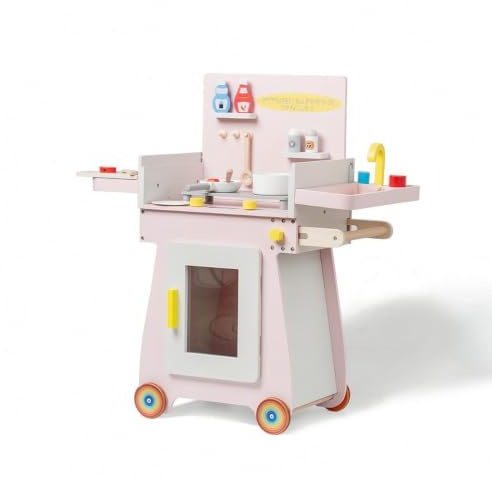 Wsymxuo Carrello Barbecue in Legno Mobile Barbecue Giocattolo con Ruote Sicuro Cucina Giocattolo con Accessori per Bambini, Bambine, Cameretta, Rosa