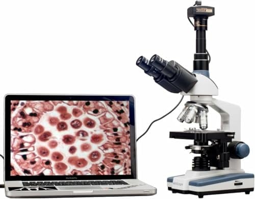AmScope T120B-M LED Lab Trinokulares Verbundmikroskop mit Mechanischem 3D-Tisch und 1.3 MP Kamera, 2000X, 280mm x 178mm x 350mm, Weiß