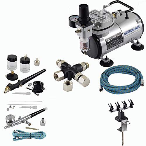 Agora-Tec® Airbrush Komplett-Set EXPERT IX.1, Komplettsystem für Airbrush, inkl. Kompressor mit 4 bar und 20l/min + 2 Airbrushpistolen mit 0,2 & 0,3 & 0,5 & 0,8mm Nadeln/Düsen + 3-fach Luftdruckverteiler + 4-fach Halter + 2 Schläuche + Adapter