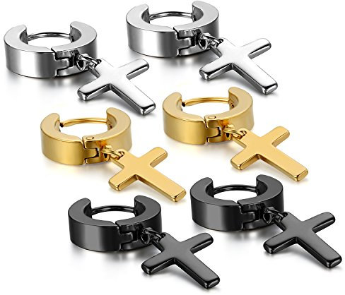 Oidea Bijoux 3Paires Boucles d'Oreilles Acier Inoxydable Clou d'Oreille Ronde Croix Pendentif Rétro pour Homme Femme (Argent Or Noir)