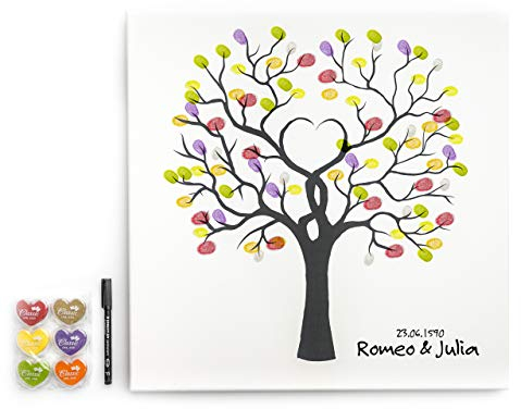 codiarts. Leinwand für Fingerabdrücke DIY Hochzeit, Jubiläum, Familienfeier, Party, Geburtstag als Gästebuch inkl. Stempelkissen und Stift - Motiv Baum wedding tree- 50x50cm, made in Germany