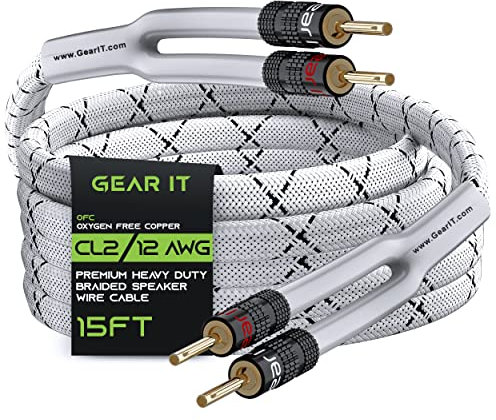 GearIT Hi-Fi 2x4mm≤ Speaker Wire with Banana Plugs (4.57 Meters - White) OFC Oxygen-Free Copper, CL2 In-Wall Speaker Cable, Heavy-Duty Braided - 12 Gauge AWG, 15 Feet