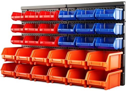 HORUSDY Wall Mounted Storage Bins Parts Rack 30PC Organizer Garage Plastic Shop Tool for Men's Gift, Blue,Orange,Red