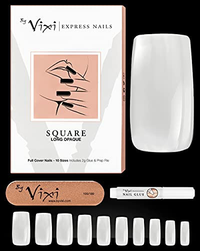 By Vixi 600 JEU D'ONGLES CARRÉ LONGS avec LIME À ONGLES, 10 tailles, faux ongles express à couverture complète opaque, salon professionnel et usage domestique…