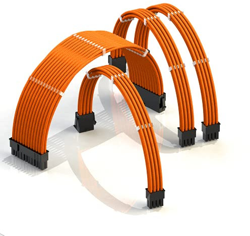 LINKUP - AVA 50cm PSU Personalizzato Prolunga Cavo Alimentatore Mod PC GPU | Intrecciato con Kit Pettine | 1x 24 P (20 + 4) | 1x 8 P (4 + 4) CPU | 2x 8 P (6 + 2) GPU | 500mm - Arancione
