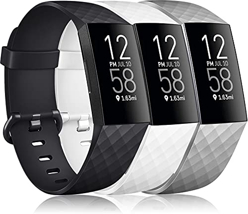 Vancle 3 Pack Kompatibel für Fitbit Charge 3 Armband/Fitbit Charge 4 Armband, Klassisch Sport Verstellbares Ersatzarmband für Fitbit Charge 3/Fitbit Charge 4 (Schwarz/Weiß/Grau, L)
