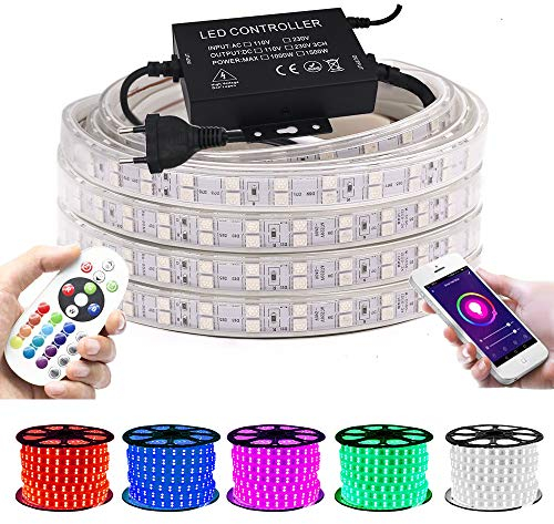 XUNATA 7M WiFi Doppelreihe LED Strip, 220V RGB 5050 120leds/m IP65 Wasserdicht IR Fernbedienung Wifi Wireless Smart Phone Gesteuert LED Bänder, APP Steuerbar, für Haus, Küche, Party Deko