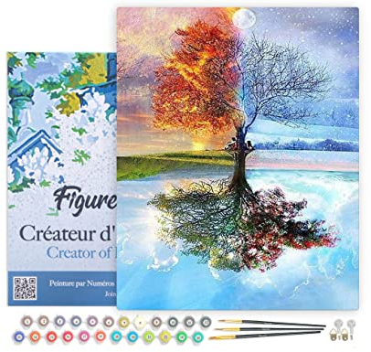 Figured'Art Peinture par Numéro Adulte avec Cadre Arbre 4 Saisons - Activité Manuelle Kit de Loisir Créatif DIY Numéro d'Art Complet - 40x50cm toile tendue sur châssis