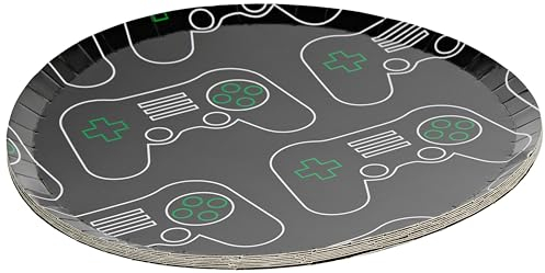 Ginger Ray Video Game Eco Friendly Controller Paper Party Kids Gamer Plates - 8 Pack, Black, 25 centimeters