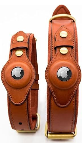 ChewyNow Hundehalsband mit Airtag-Halterung, reines Leder, braun und schwarz, klein, mittel, groß, Airtag, oberste Schicht aus Leder – Mikrofaser-Futter (klein, braun)
