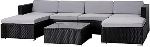 EVRE Nevada 6 Seater Outdoor Rattan Garden Furniture Set Wicker Sofa Coffee Table Stool Cushions For Patios Conservatories Sectional Conversation and Weatherproof Cover (Black)