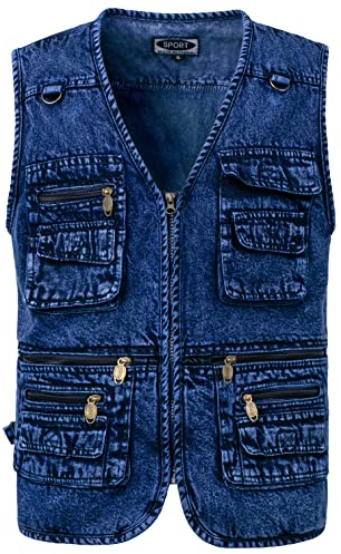 KTWOLEN Herren Outdoor Weste Casual Denim Weste Multi-Taschened Motorradweste Outdoor Ärmellos Angeln Fotografie Freizeit Jacke Jeansweste für Männer, Blau, M