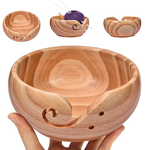 5.5 Inches Yarn Bowl Wool Holder,Wooden Yarn Bowl Without Lid,Handmade Yarn Storage Bowl with Holes Needle and Thread Ball Storage,for Crocheting Knitting Accessories DIY Crafts Gift (log color)