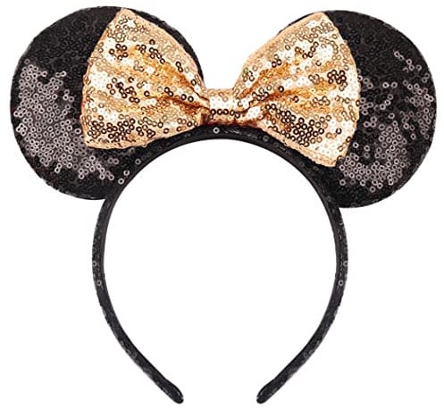 Hpfulseazn Women Girls Decoration Mouse Ears Headbands Sequin Glitter Bow Hairband for Cosplay Costume Birthday Party(Black/Gold)