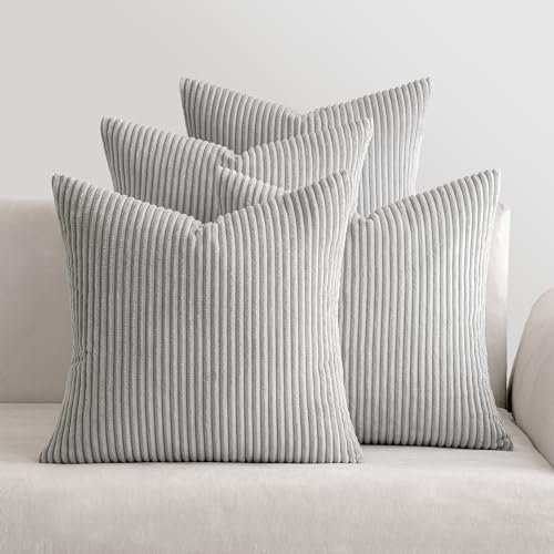 MIULEE 4er Set Kissenbezüge Kord Kissenhülle Dekorative Kissenbezug Sofakissen Couchkissen Dekokissen Zierkissenbezug Deko Kissenhülle mit Verstecktem Reißverschluss 45x45cm 18x18in Hellgrau