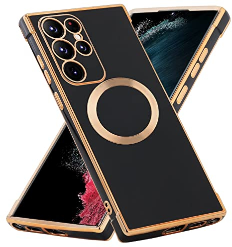 BAOJAY Hülle für Samsung Galaxy S21 Ultra 5G,Luxus Galvanisierte TPU Silikon Handyhülle Kompatibel mit MagSafe,Vier Ecken Absturzsicherung,Dünn Mädchen Stoßfest Schutzhülle Case,Schwarz