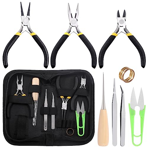 Tanstic Kit di 9 strumenti per la creazione di gioielli, include pinze a becchi a catena, pinze a becco rotondo, tagliafili, pinzette dritte e piegate, strumento di apertura dell'anello di salto,