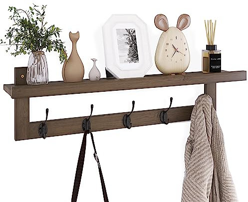 SMIBUY Kleiderhaken mit Regal Wandmontage, 74 cm Eingangsbereich Garderobe für Wand, Bambus-Hängeregal mit 5 Doppel-Metallhaken für Badezimmer, Schlafzimmer, Küche, Wohnzimmer, Mudroom (Walnuss)