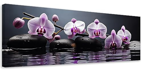 Feeby Wandbilder Zen Spa Kerzen Orchidee 70x25 cm 1 tlg Modern Leinwandbilder Bild auf Leinwand Kunstdruck Wand Bild Wanddeko Design Schlafzimmer Büro Flur Hotel Spa Wohnzimmer Orient Steine Violett