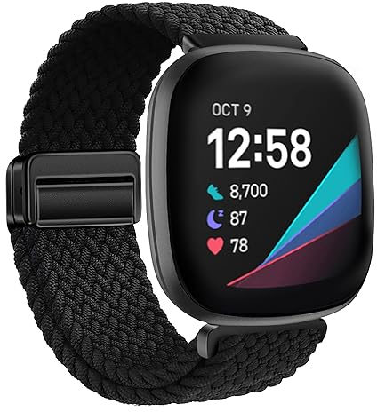 XMUXI Geflochtene Uhrenarmband Kompatibel mit Fitbit Sense 2/Sense/Fitbit Versa 4/Versa 3 Armband Damen Herren, Magnet Nylon Elastisches Ersatzarmband for Fitbit Armband, Schwarz