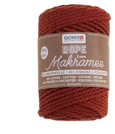 GLOREX 5 1007 32 - Makramee Rope 3 mm, 250 g, Terracotta, Länge 63 m, gedreht, superweiches Textilgarn aus 60 % Baumwolle, 40 % Viskose, zum Häkeln, Stricken, Knüpfen und textilen Gestalten