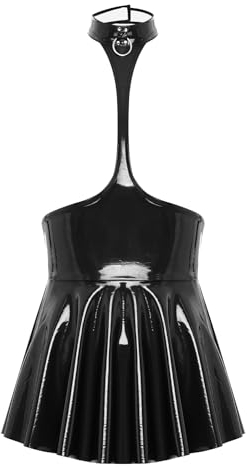 Aislor Damen Lack Leder Kleid Brustfrei Minikleid Wetlook Neckholder Lederkleid Bodycon Partykleid Clubwear Schwarz L