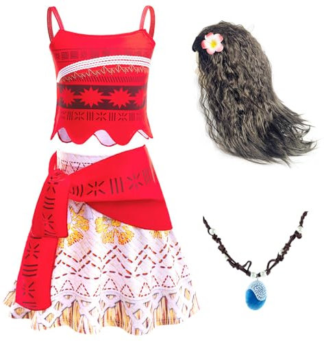 Emin Mädchen Vaiana Kostüm mit Halskette und Perücke Kinder Vaiana Prinzessin Verkleidung Weihnachten Geburtstag Party Halloween Karneval Cosplay Prinzessin Kleid Rot, 140