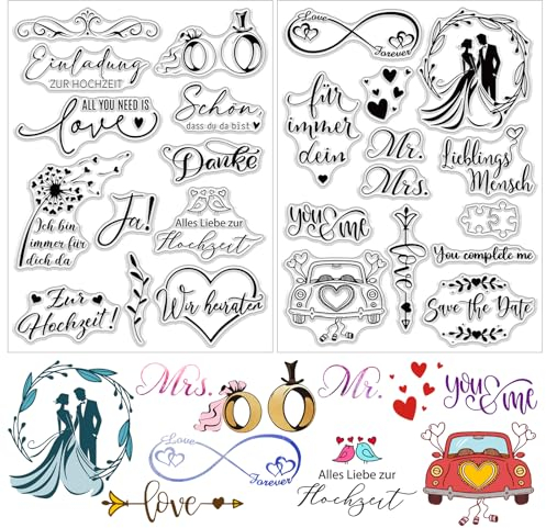 BETESSIN 2Blatt Silikon Stempel Hochzeit Klare Stempel Sprüche Deutsch Clear Stamps Liebesgrüße Stempelmotive zum Kartenbasteln DIY Einladung Scrapbooking Fotoalbum Geschenkanhänger