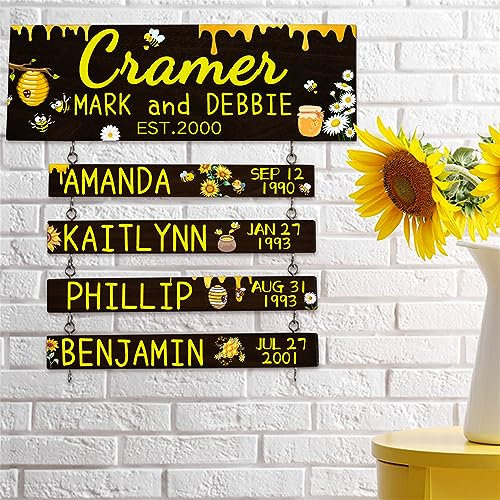 Décoration d'automne personnalisée à suspendre pour porte - Cadeau de Thanksgiving - Famille d'abeilles - Avec noms de 1 à 10 petits-enfants et date de naissance - Décoration d'intérieur - Cadeau pour