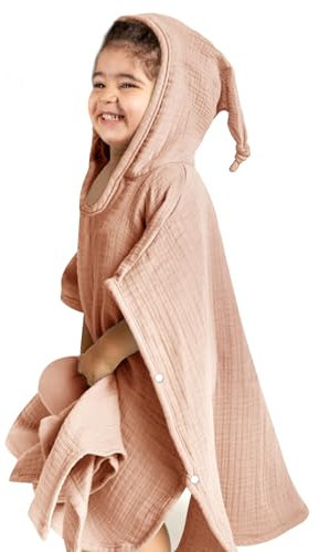 lulumoon Badeponcho Kinder Kapuzenhandtuch Baby-100% Musselin Baumwolle Babyhandtuch mit Kapuze - Poncho Badetuch für Kinder Baby 60 x 60 cm,(Orange-Rosa