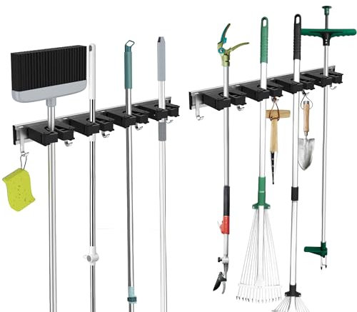 GARTOL 2 Stück Besenhalterung Wand, Gartengerätehalter, Wandhalterung mit 4 Halter und 5 Haken, Besenhalter Werkzeughalter Organizer für Garten Badezimmer Küche Zuhause