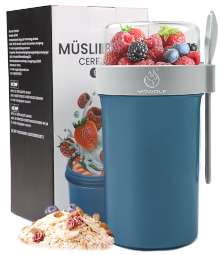 YOWOLF Müslibecher to Go 760ml+230ml,Auslaufsicherer Joghurtbecher to Go Müsli to Go Becher mit Löffel,Praktischer Müslibecher Müsli Cup to Go Becher,Müslibox to Go für Büro Camp Schule,Blau