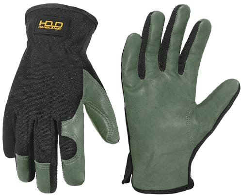 HANDLANDY Men Leather Gardening Gloves, Utility Work Gloves for Garden & Building Work, Dexterity & Breathable Construction Gloves (Olive Green, XL)