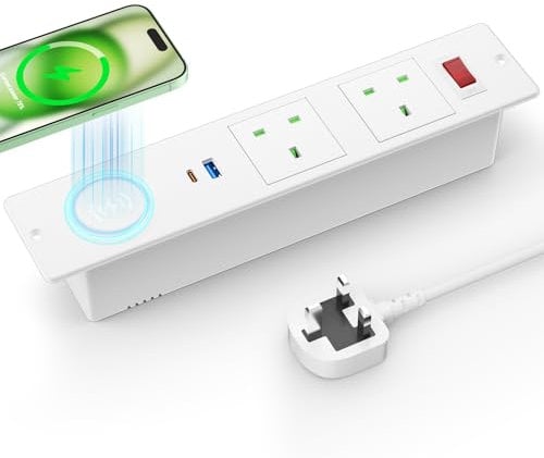 Recessed Power Socket with Wireless Charger, Airmom Desk Power Strip with 2 UK Plugs, PD 20W USB C, Desk Socket with Switch, 2M Extension Lead Strip,Hidden Power Socket for Desktop Home Office