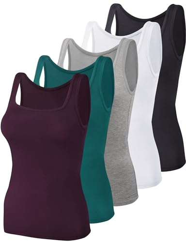 BQTQ 5 Pack Women's Tank Tops Square Neck Sleeveless Ladies Tank Top Undershirts, Black, Gray, Whit, Dark Green, Dark Purple, M