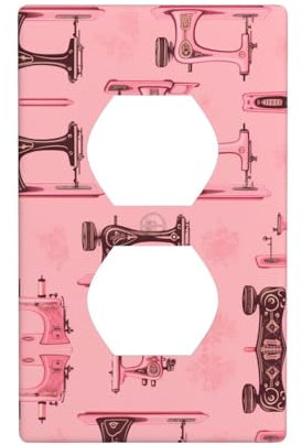 Duplex-Steckdose, dekorative Wandplatte, elektrische Steckdose, Lichtschalter-Abdeckung, Kunst-Frontplatte, Schalterplatte für Heimdekoration, 11,4 x 7 cm, Vintage-Pink, Nähmaschinen-Drucke