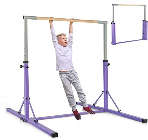 COSTWAY Gymnastik Turnreck, Turnreck 90-150cm höhenverstellbar, Reckstange klappbar mit Rollen, tragbarer Turnstangen bis 100kg belastbar, Reckanlage, Trainingsgeräte (Violett)