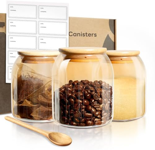 ceelatti Tea Coffee Sugar Canisters Set of 3, 500 ML Glass Jars with Airtight Lids and Wood Spoons, Storage Jars with 10 Blank Labels for Spice Bath Salt Coffee Bean Candy DIY Decor Organiser, Amber