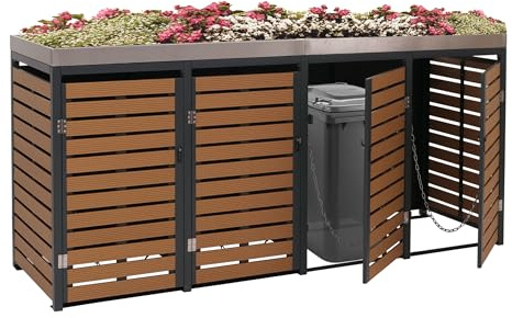4er Mülltonnenverkleidung HWC-K14AM, Mülltonnenbox mit Pflanzkasten, 124x265x84cm WPC Edelstahl 132kg - Teak-Optik