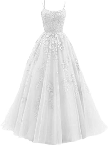 Vestito Sposa Bianco Spaghetti Abito Lungo da Festa con Applicazioni di Pizzo in Stoffa per Vestiti Eleganti