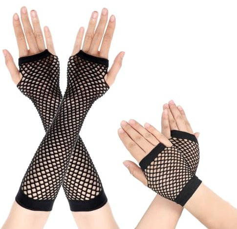 Prasacco 4 Stück/2 Paar Netzhandschuhe, Vintage Fischnetz Handschuhe für Damen Lang und Kurz Fingerlose Netzhandschuhe für Weihnachten, Kostümpartys und Cosplay Zubehör (19 x 12 cm/34 x 14 cm)