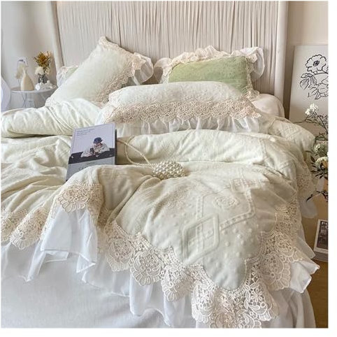 WTLONBF 4 Piece Bedding Set, Pink Purple V-Intage Rose Carved Velvet Romantic Lace Ruffles Bedding Set Fluffy Milk Velvet Duvet Cover Set Bed Sheet Pillowcase(Color:Beige,Size:King)