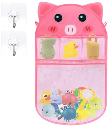 Bieiyhe Badewannenspielzeug Aufbewahrung,Badespielzeug Aufbewahrung,Badespielzeug Netz,Badewannen Organizer,Badespielzeug Netztasche,Bad Spielzeug Organizer Mit 2 Haken, Bath Toy Organizer-Ferkel