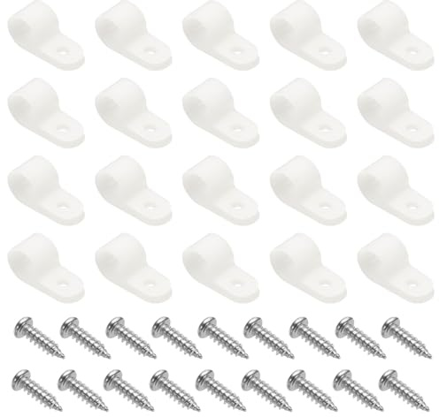 sourcing map 120pcs Cable Clamps 1/2 Inch R-Type Nylon Cable Clip Wire Clamp Rope Light Mounting Cord Fastener Clips with Screws for Wire Management, White