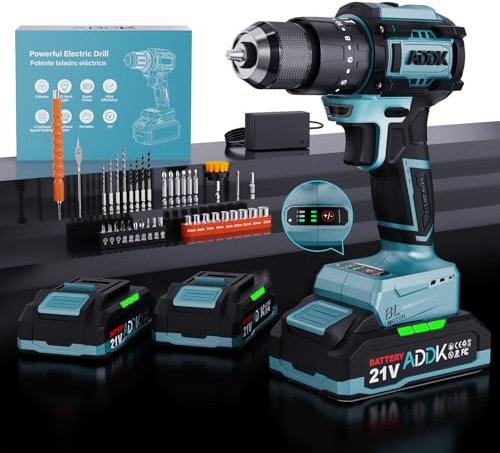 Perceuse Visseuse Devisseuse Sans Fil 21V, avec 2 Batterie 2.0Ah, 65Nm, 24+3 Réglages de Couple, 3 Vitesse, Lumières LED, 50 Accessoires, Perceuse-Visseuse pour Bricolage à Domicile (A1)