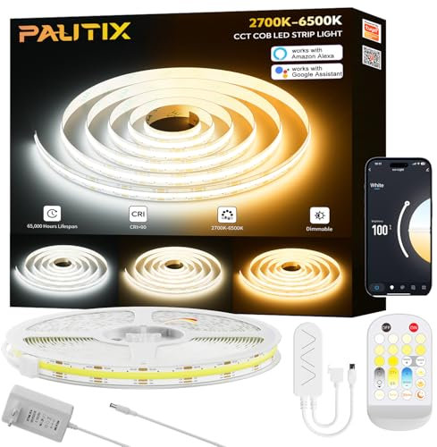 PAUTIX WIFI COB LED Tira CCT 10M,2700K-6500K Blanco Sintonizable Tira LED,24V Tira de LED Inteligente Funciona con TUYA/Alexa/Google Assistant y Alimentación para Gabinete de Cocina,Habitación,TV.