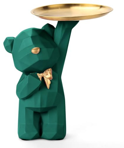 GUICHENO Bär Figur Dekorative mit Tablett Bären Figuren Statue Bären Skulpturen mit Dekotablett Bären Tablett Deko Harz Tier Skulptur Deko Bärenfigur Deko für Flurdeko, Wohnzimmer, Büro(Grün)