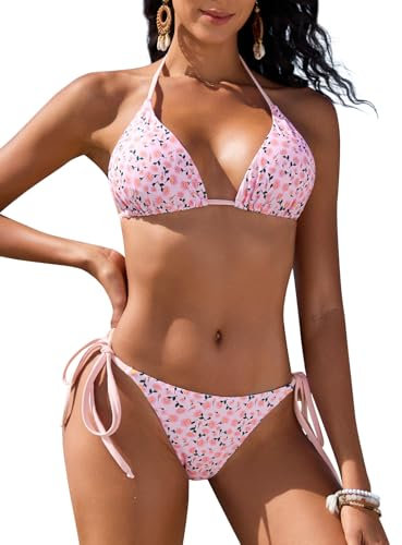 UMIPUBO Bikini Damen Set Sexy Zweiteiler Bademode Triangel Neckholder Verstellbare Bikinioberteil Niedrige Taille Tanga Bikinihose Badebekleidung(Rosa,S)